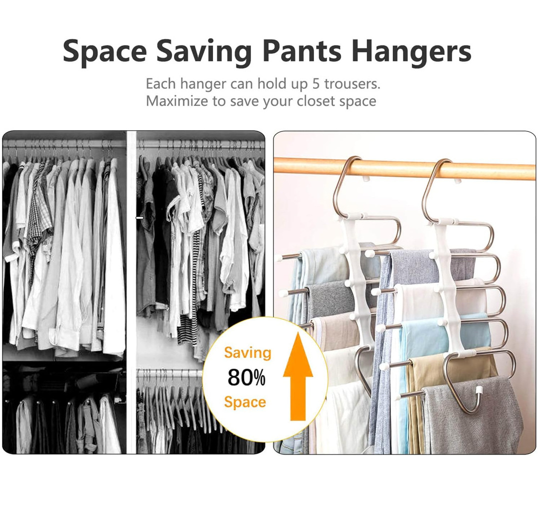 Upgrade Pants Hangers 2 Pack Space Saving S-Type Stainless Steel Clothes Pants Hangers Anti-Slip Design Closet Storage Organizer