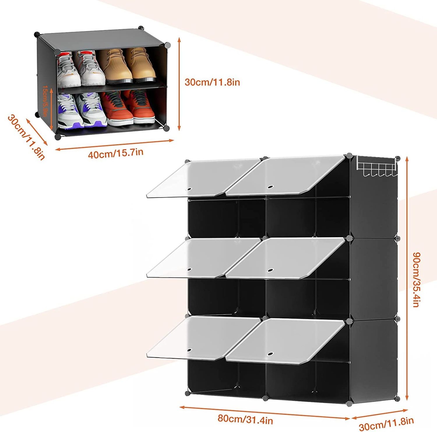 Stackable 24 Pair Plastic Shoe Shelves Organizer 6 Tier Shoe Storage Cabinet with Doors for Closet