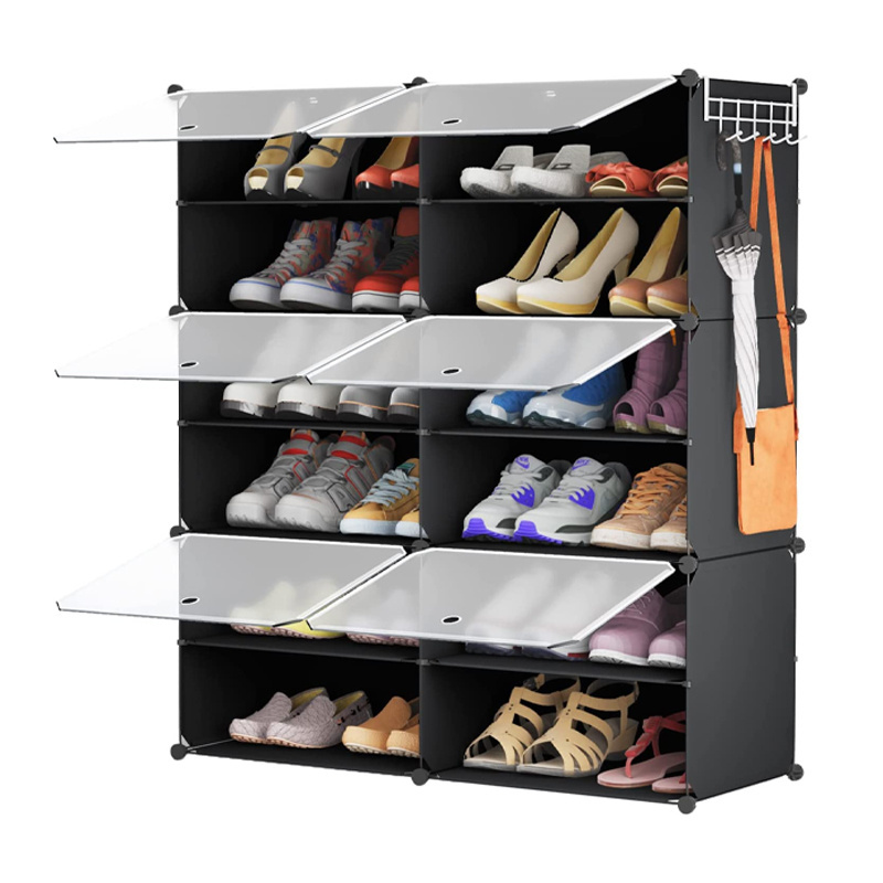 Stackable 24 Pair Plastic Shoe Shelves Organizer 6 Tier Shoe Storage Cabinet with Doors for Closet