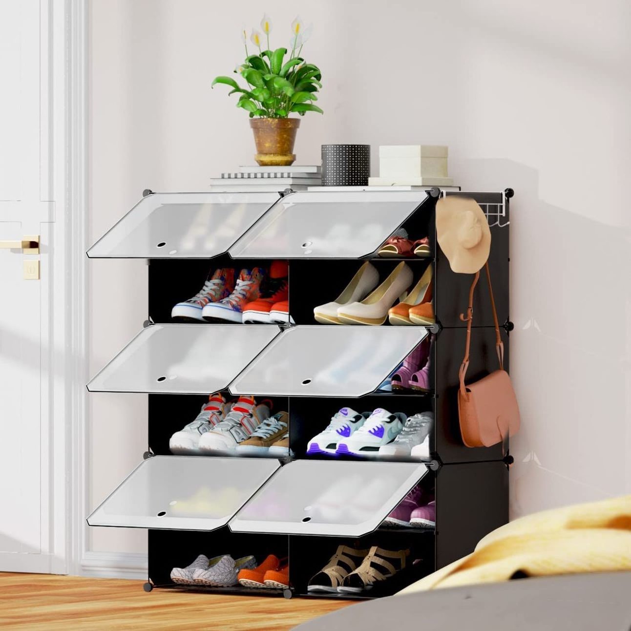 Stackable 24 Pair Plastic Shoe Shelves Organizer 6 Tier Shoe Storage Cabinet with Doors for Closet