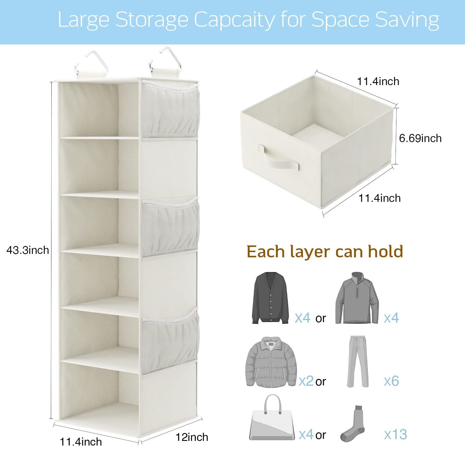 Hanging closet storage rack with removable drawers and side pockets closet storage organization