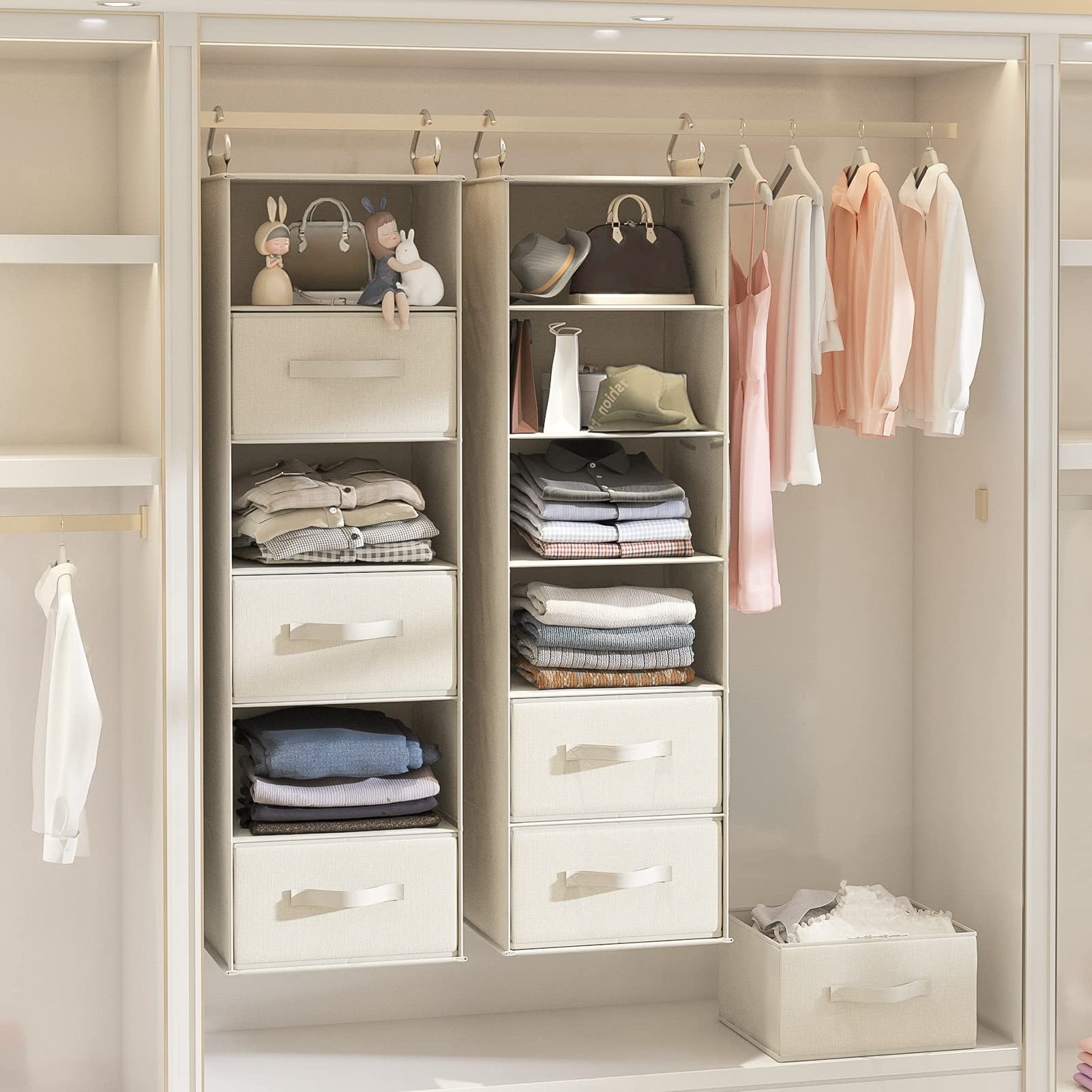 Hanging closet storage rack with removable drawers and side pockets closet storage organization