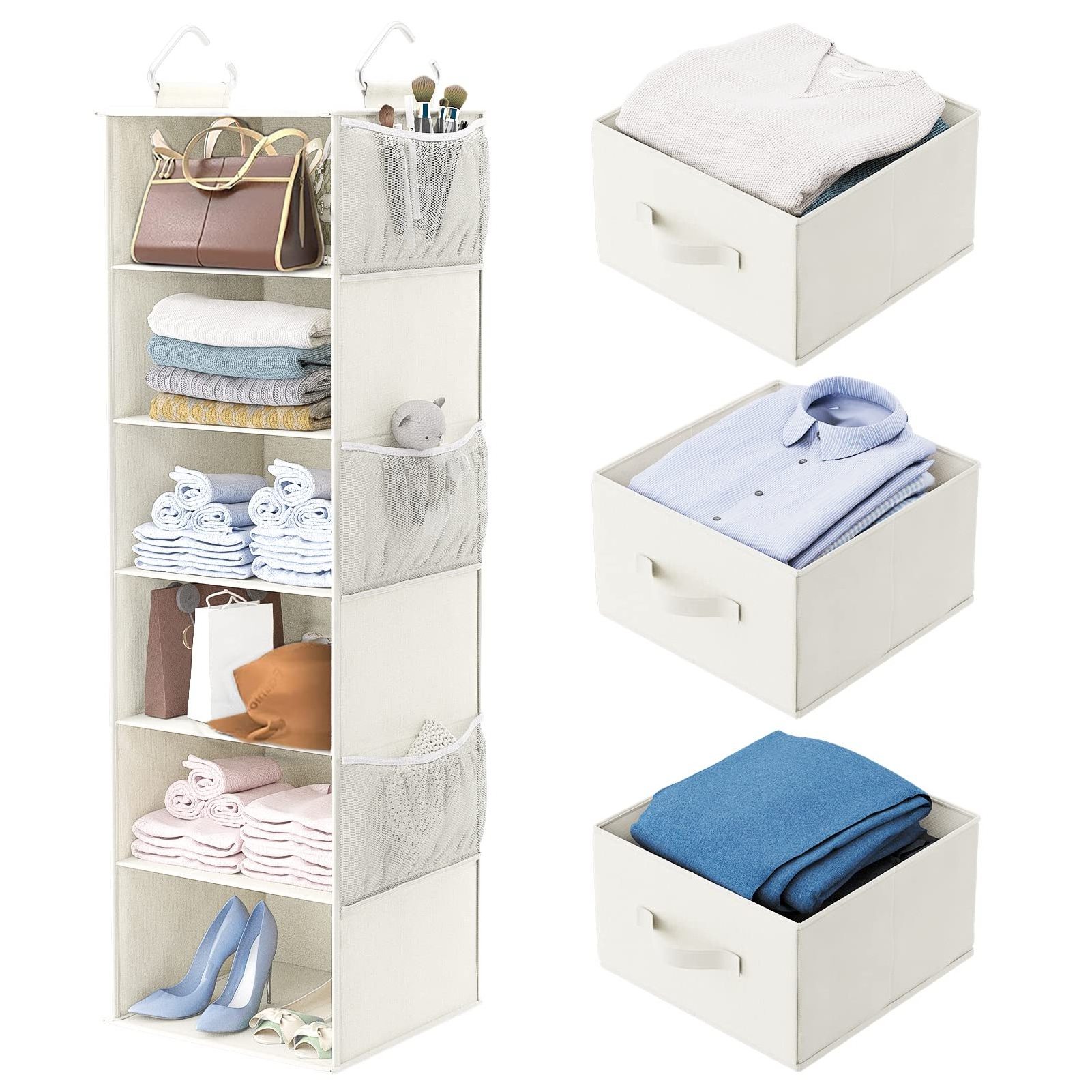 Hanging closet storage rack with removable drawers and side pockets closet storage organization