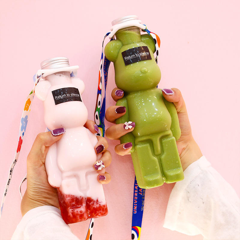 350ml 500ml 700ml Cute Bear Water Bottle for Kids Drink Brick Bottle Top Lanyard Holder Stash Jars Empty Teddy Bear Containers