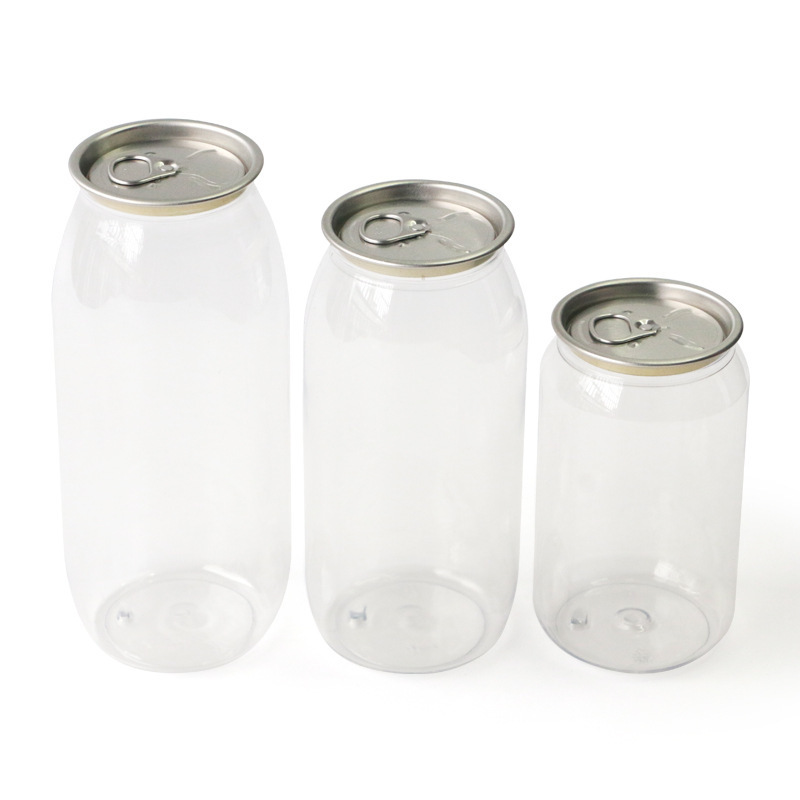 250ml pet transparent pop cans juice beverage bottles Custom 330ml 500ml plastic cans for soda cold brew coffee juice cans