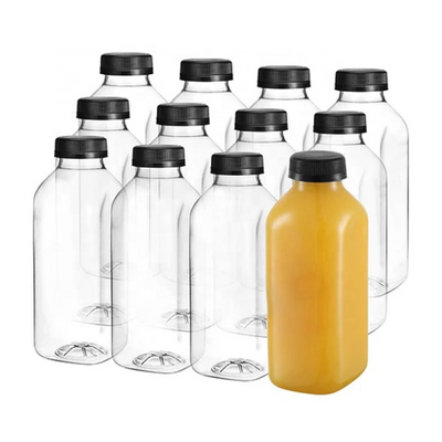 8oz 16oz 32oz 250ml 350ml 500ml 1000ml 1500ml Clear French Square Empty PET Plastic Juice Beverage Bottles with Black Screw Caps