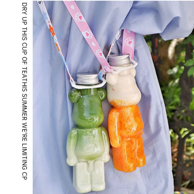 350ml 500ml 700ml Cute Bear Water Bottle for Kids Drink Brick Bottle Top Lanyard Holder Stash Jars Empty Teddy Bear Containers