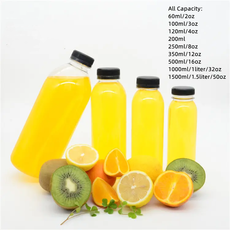 Clear Empty Round 60ml 100ml 250ml 350ml 500ml 1000ml 1500ml Plastic Juice Bottles Disposable Drinking Water Bottles with Cap