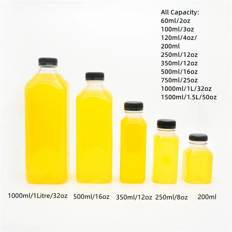 Clear Empty Round 60ml 100ml 250ml 350ml 500ml 1000ml 1500ml Plastic Juice Bottles Disposable Drinking Water Bottles with Cap