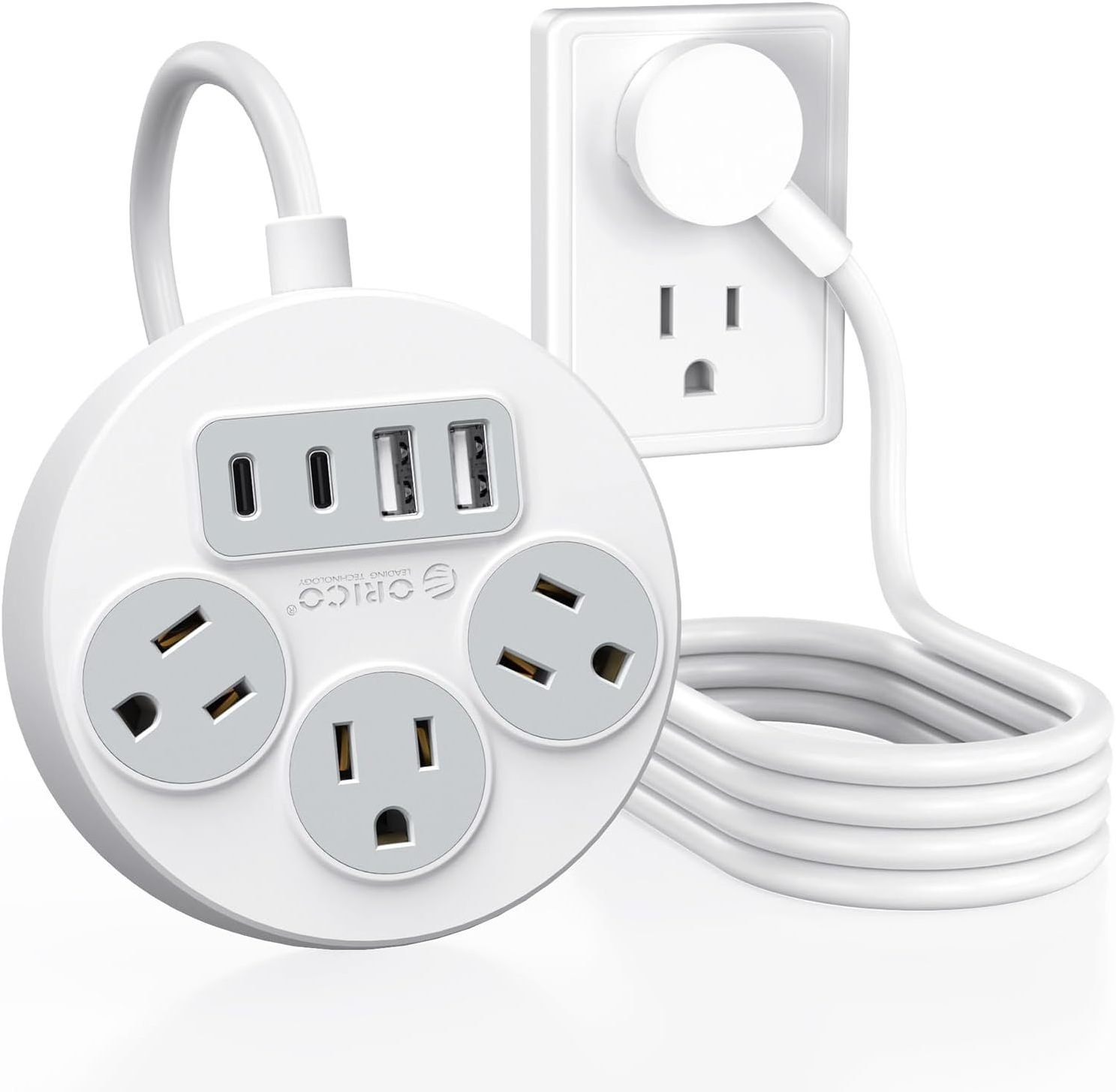 ORICO Flat Plug Power Strip with USB C Ports, 5 Ft Extension Cord with Multiple Outlets, Travel Power Strip-US Plug