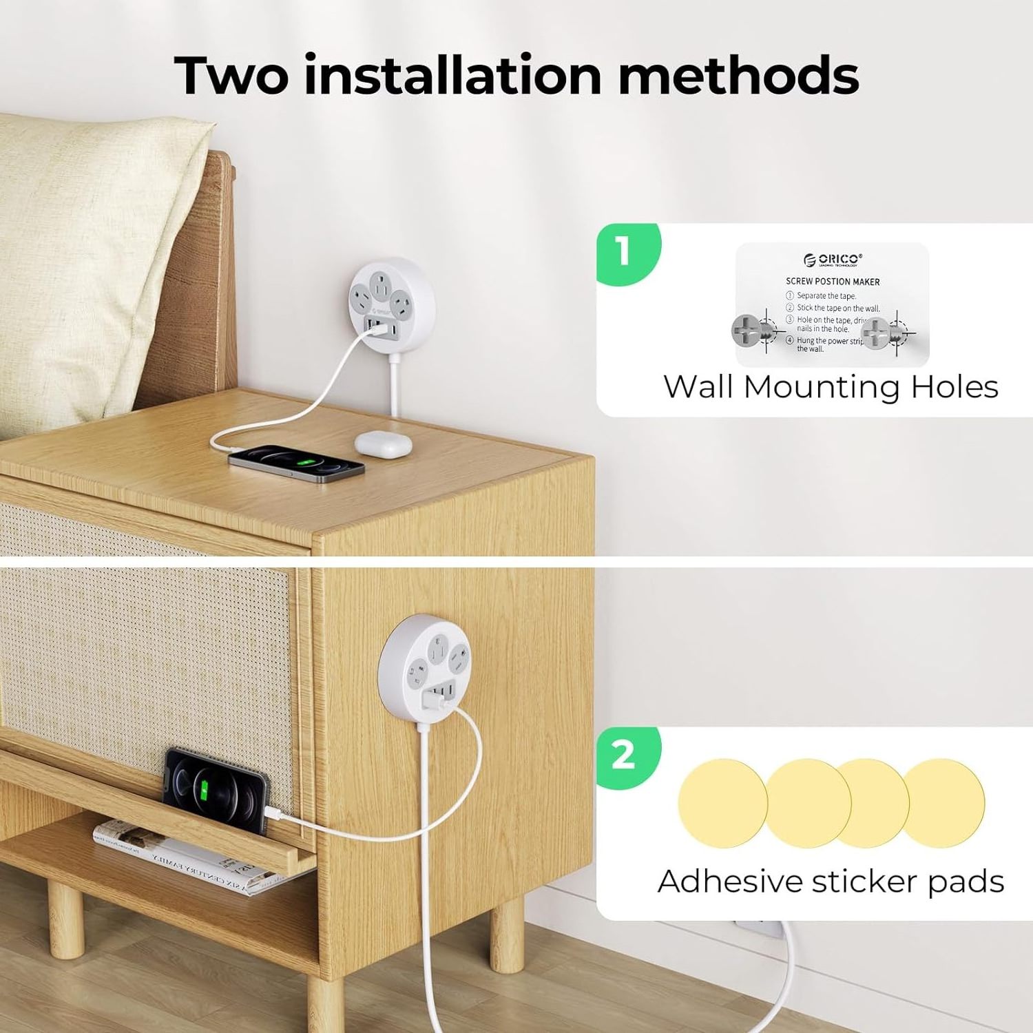 ORICO Flat Plug Power Strip with USB C Ports, 5 Ft Extension Cord with Multiple Outlets, Travel Power Strip-US Plug