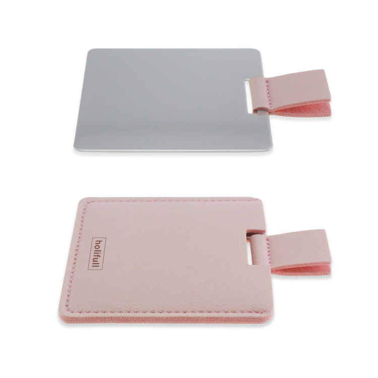 Promotional business gift items and fashion pink color custom logo printed PU leather material small pocket mirror