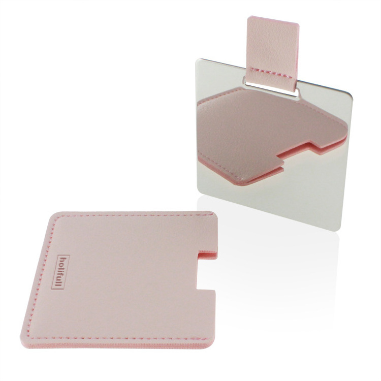 Promotional business gift items and fashion pink color custom logo printed PU leather material small pocket mirror