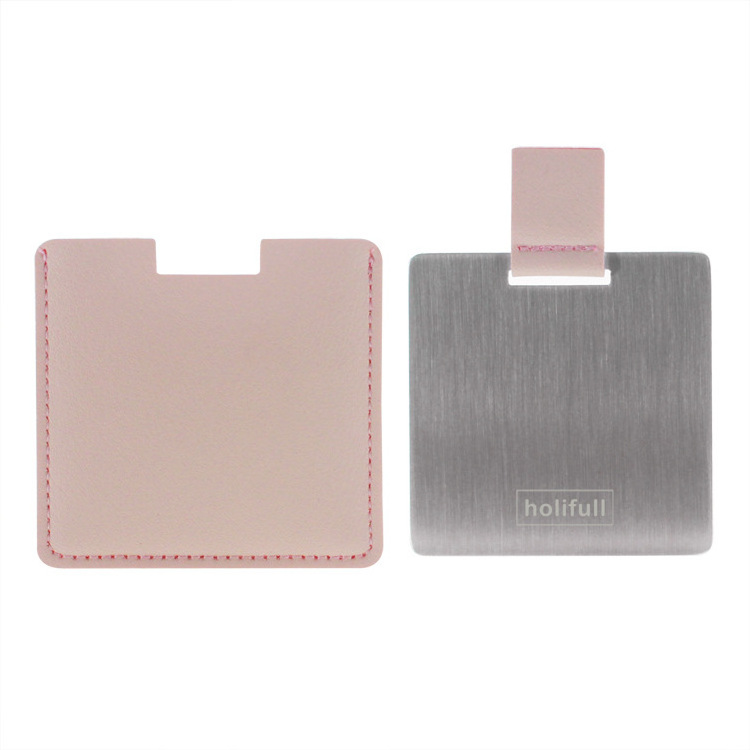 Promotional business gift items and fashion pink color custom logo printed PU leather material small pocket mirror