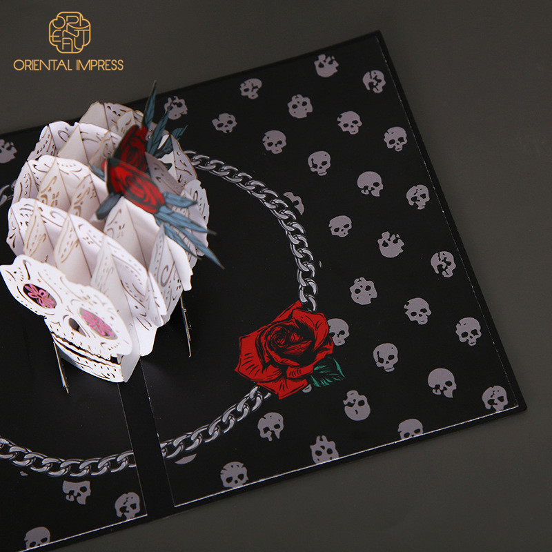 Cool 3D Rose Skull Halloween Card Black Pop Up Greeting Card