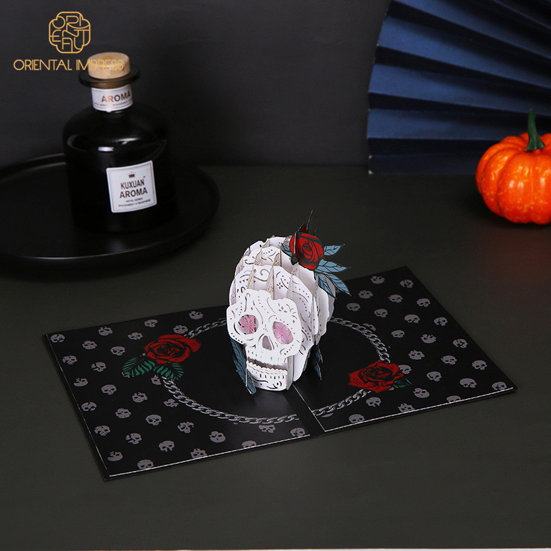 Cool 3D Rose Skull Halloween Card Black Pop Up Greeting Card