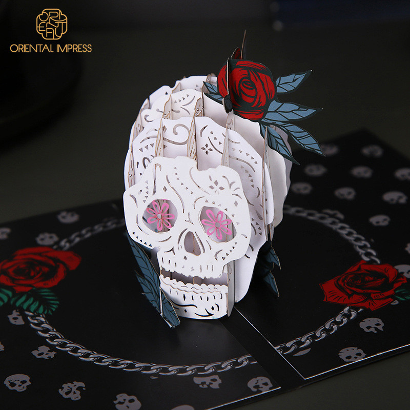 Cool 3D Rose Skull Halloween Card Black Pop Up Greeting Card