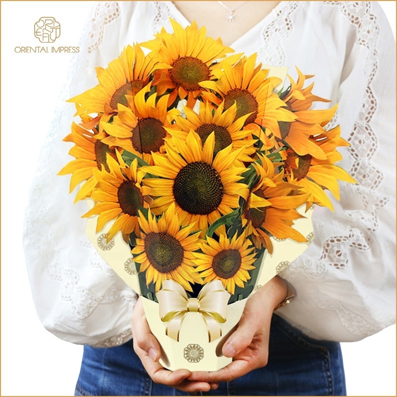 2024 Large Size Handmade Flower Bouquet Ornaments 3D Sunflower Pop Up Cards with Envelope