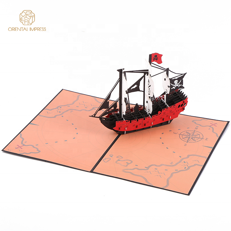 2024 Handmade Cool Black Pirate Ship 3D Craft A5 Pop Up Paper Greeting Cards