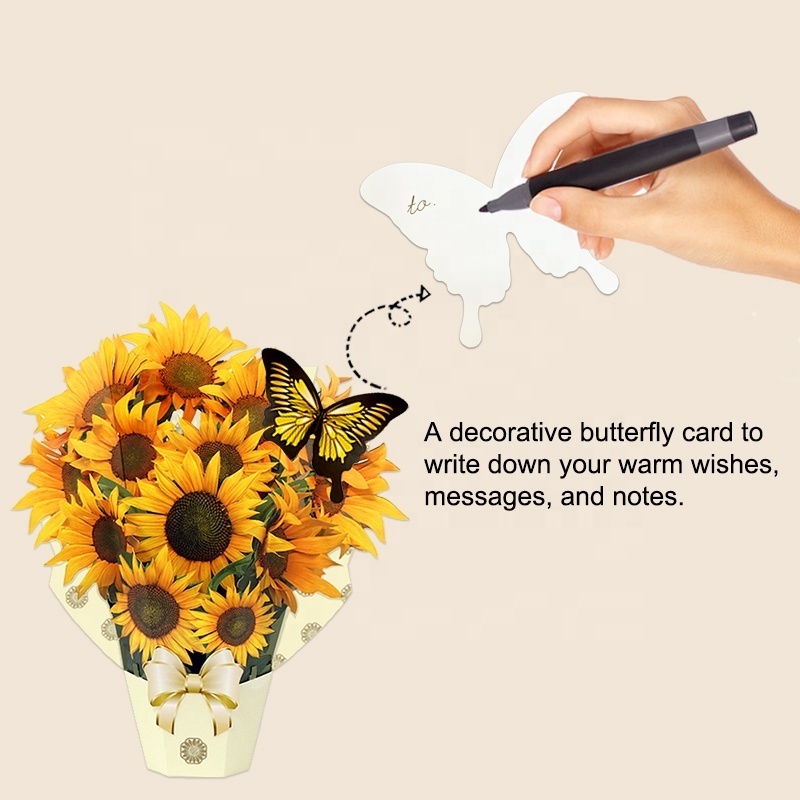 2024 Large Size Handmade Flower Bouquet Ornaments 3D Sunflower Pop Up Cards with Envelope