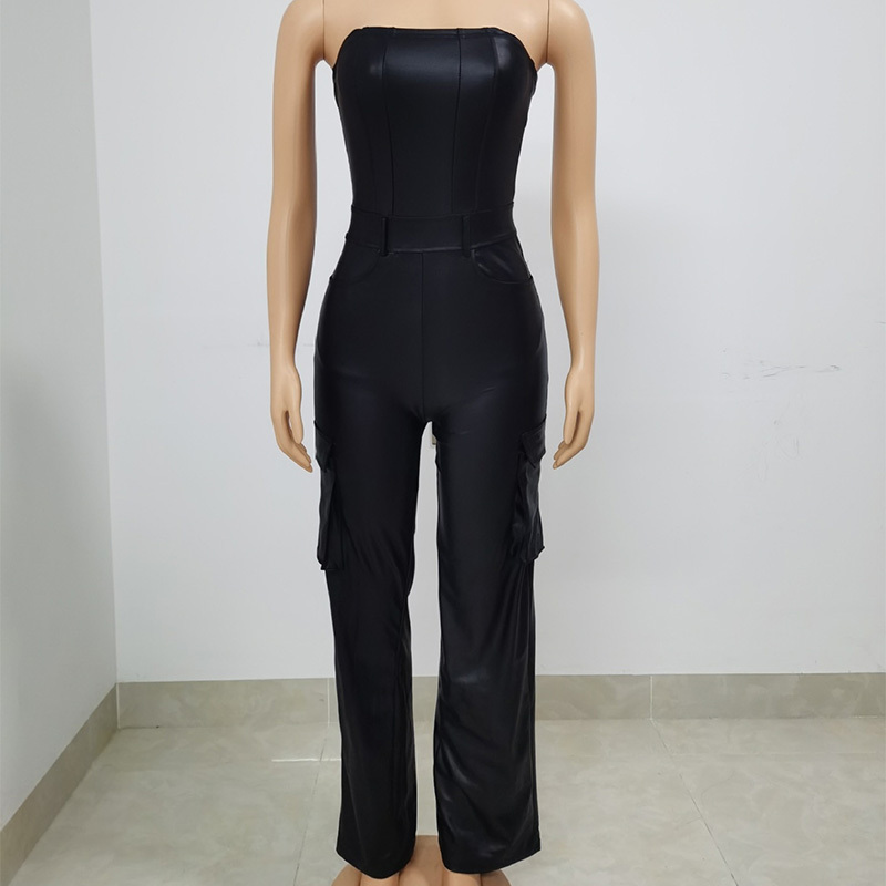 2024 Chic Sleeveless Female Strapless Wide Leg Leather Sexy Ladies Rompers Black Summer PU One Piece Cargo Jumpsuit For Women