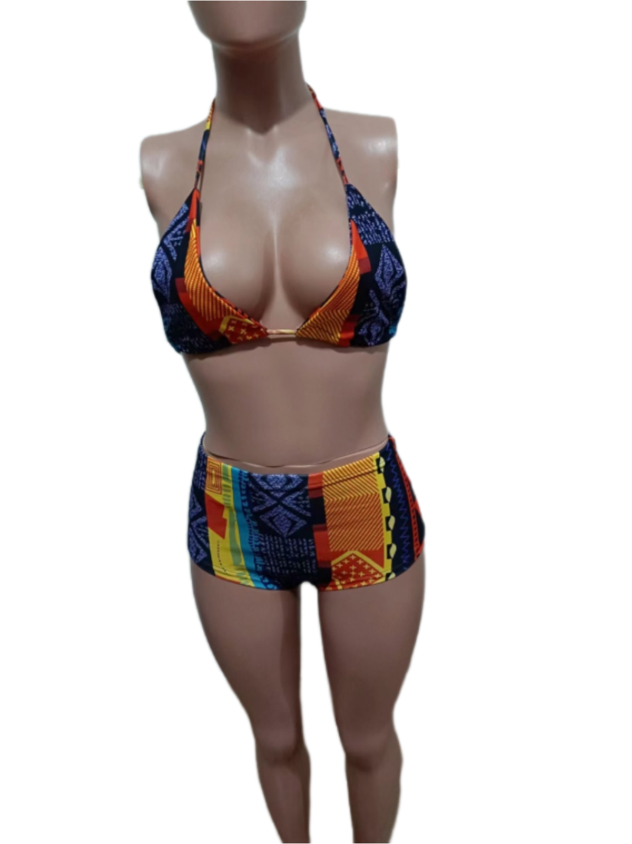 OJW072561 Women Tank Top Summer Sexy Bikini Swim Suit Colorful Print 2 Piece Bra and Shorts Beach Set