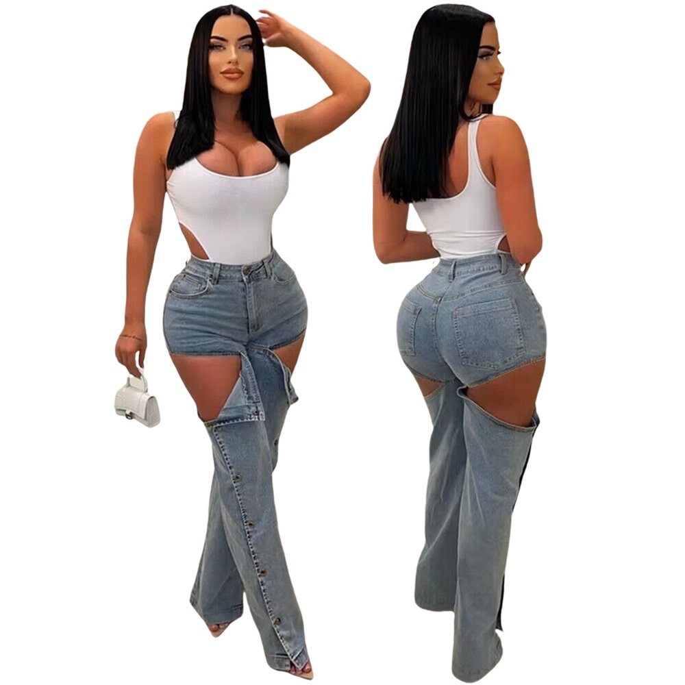 F88495 2023 Spring New Arrivals High Waist Straight Wide Leg Denim Pants For Women Fashion Denim Splicing Women'S Jeans