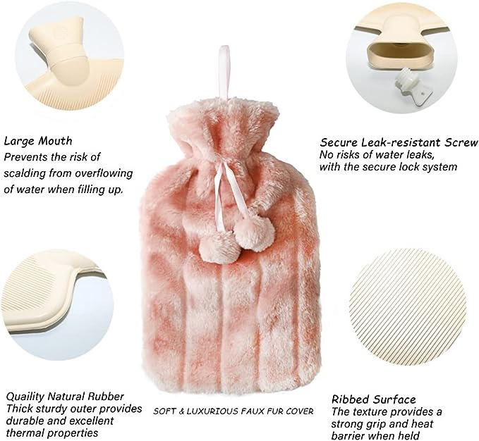 Hot-selling Hot Water Bottle with Faux Fur cover 2L Natural Rubber Hot Water Bag Kruik