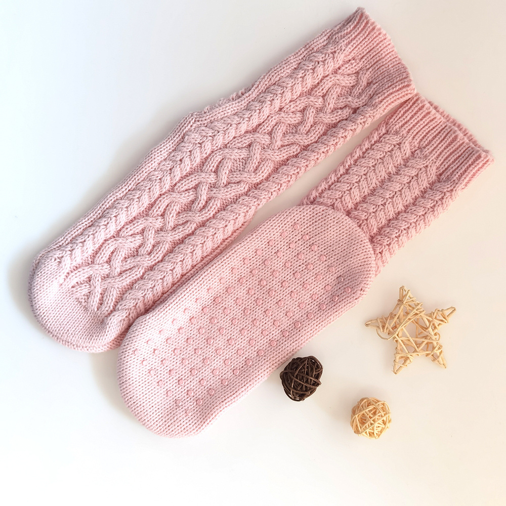 Fashionable Solid Pink Knitted Anti-Slip Floor Socks with Rubber Sole Breathable Adult Slipper Socks