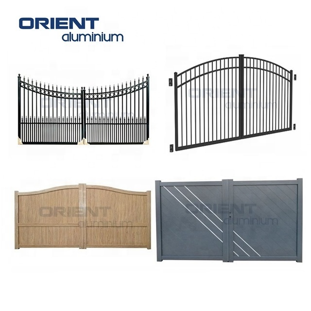 New design European style electric control slat design wooden color curved aluminum sliding gate for castle farm ranch