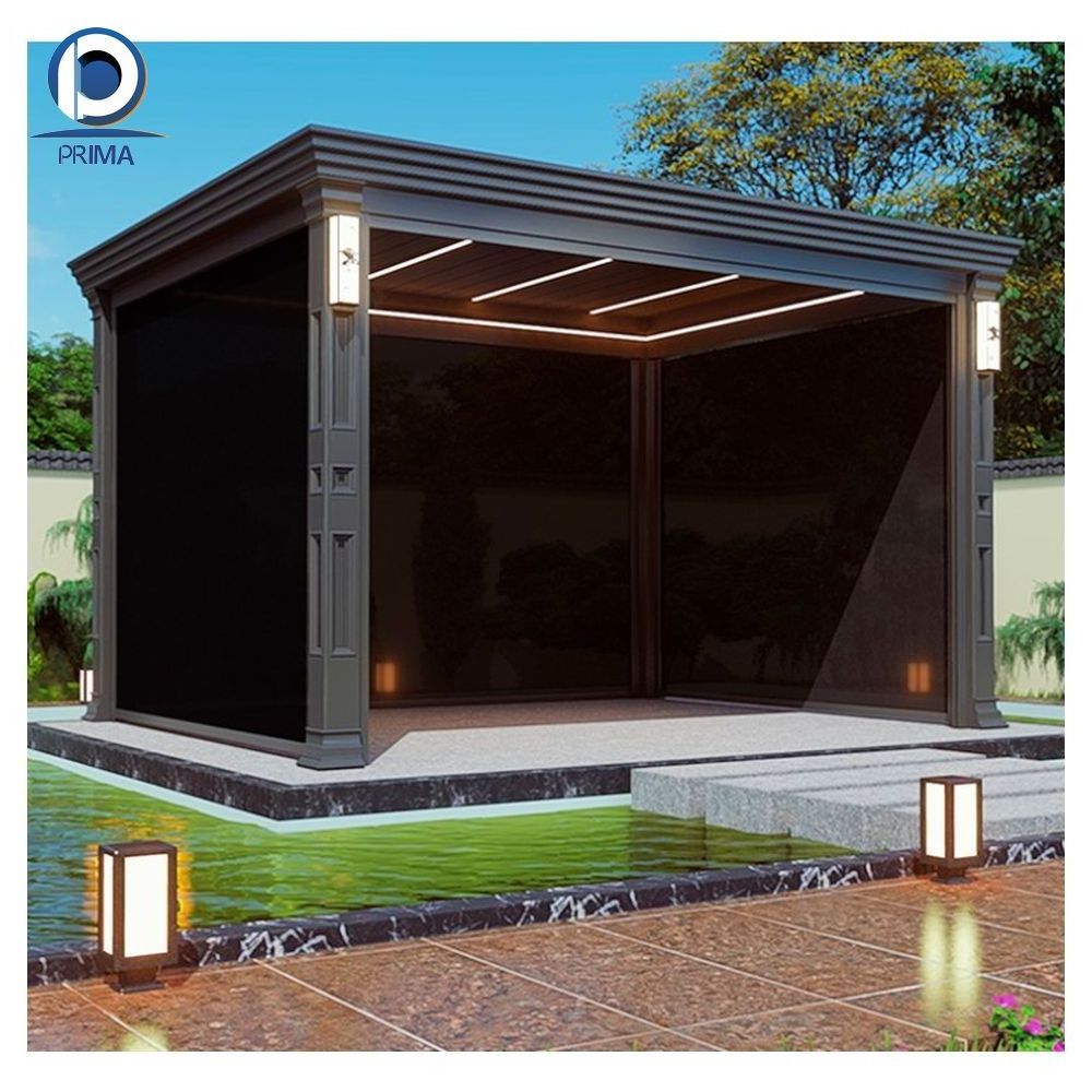 Waterproof Automatic Shades Electric Outdoor Hotel Louver Gazebo Aluminium Roof Awning Louver Pergola With Lights