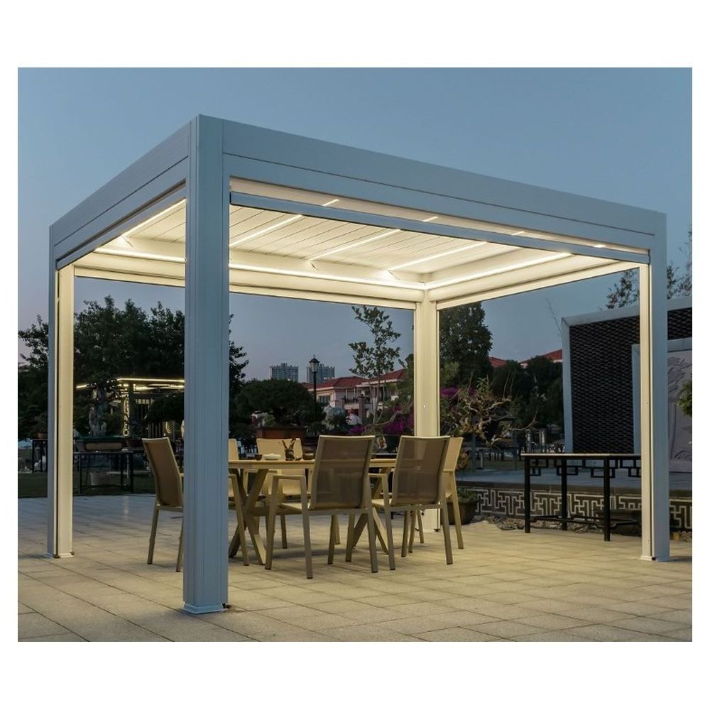 Garden Gazebo Motorized Canopy Roof Shade Electric Waterproof Adjustable Louver Roof Aluminum Pergola with LED Lights