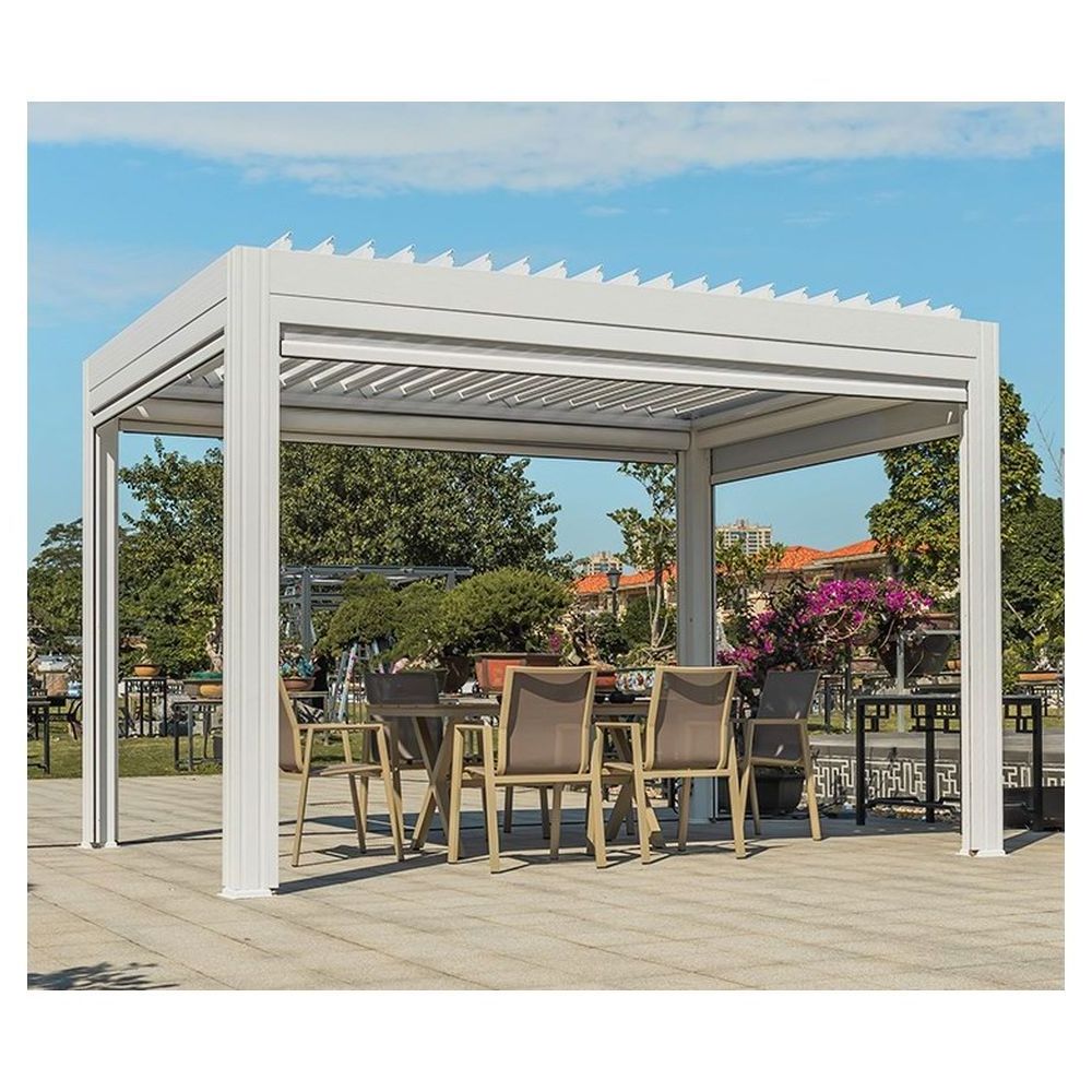 Garden Gazebo Motorized Canopy Roof Shade Electric Waterproof Adjustable Louver Roof Aluminum Pergola with LED Lights