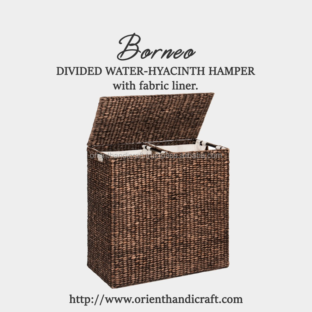 BORNEO Divided Water-hyacinth Laundry Hamper Eco-friendly Woven Material Storage with Open Wicker Lid