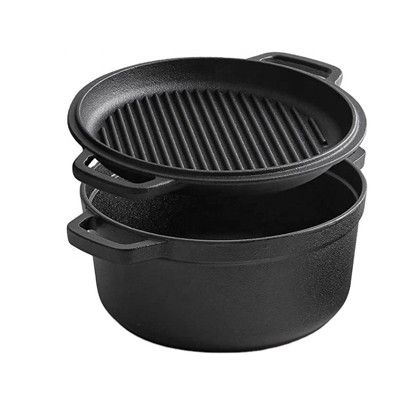 Pre seasoned cast iron double use dutch oven 2 in 1 pot with skillet pan combo cooker