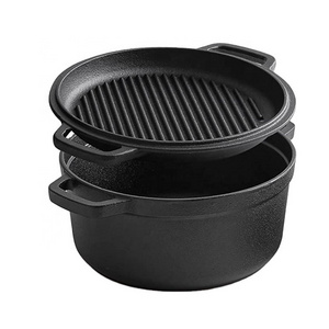 Pre seasoned cast iron double use dutch oven 2 in 1 pot with skillet pan combo cooker