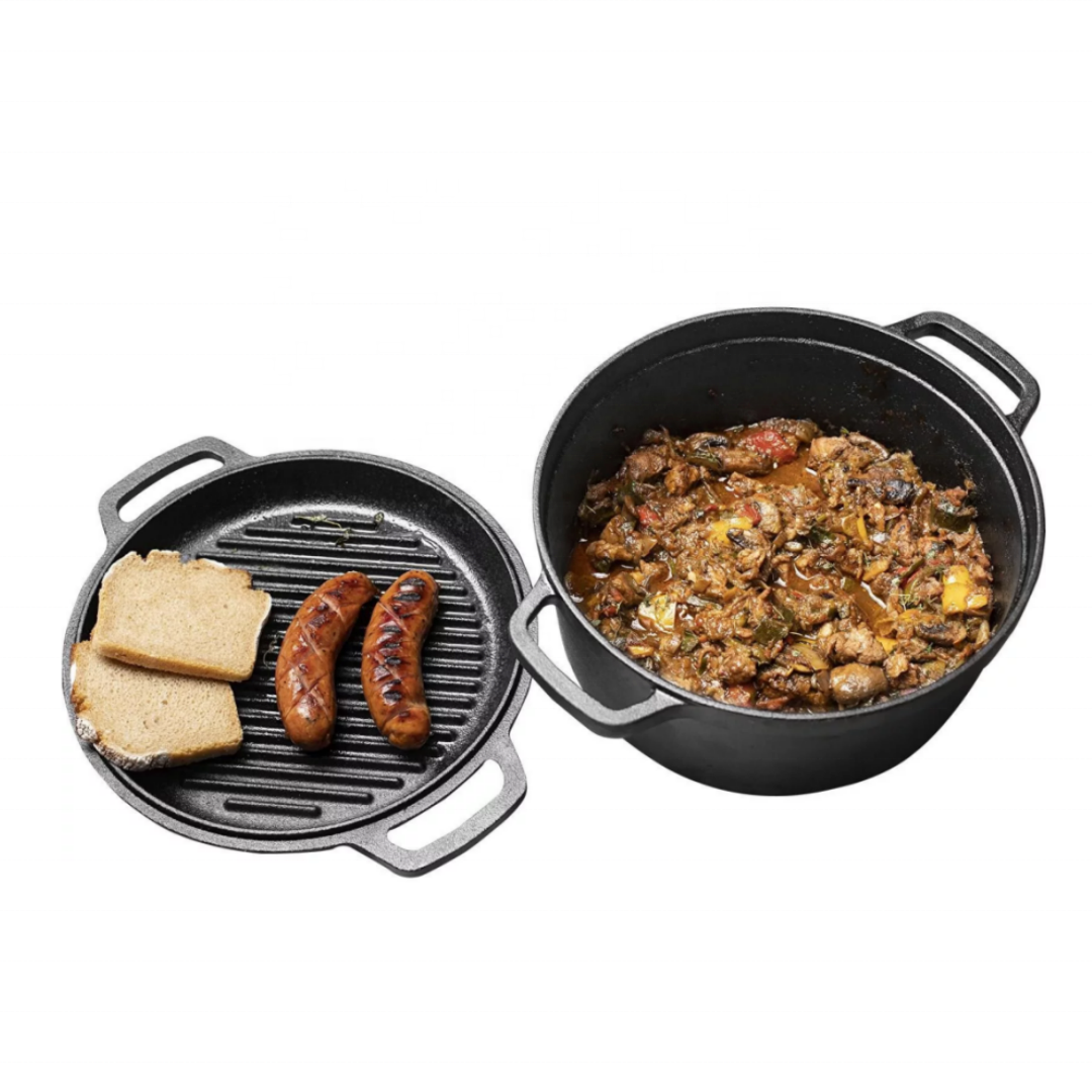 Pre seasoned cast iron double use dutch oven 2 in 1 pot with skillet pan combo cooker