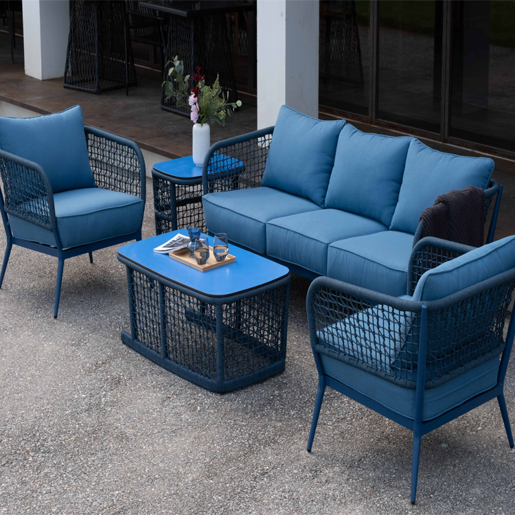 Orientop high quality outdoor patio  garden deep seating conversation sofa sets blue rattan rope furniture