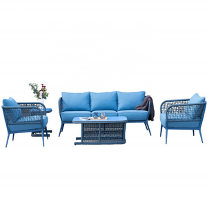 Orientop high quality outdoor patio  garden deep seating conversation sofa sets blue rattan rope furniture