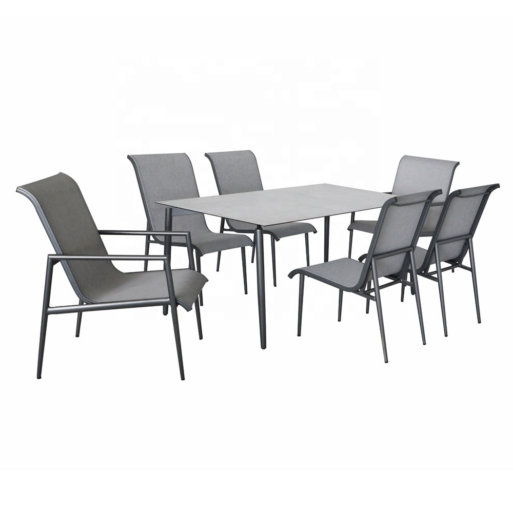 Outdoor 6 seater aluminum with tempered glass table top and chairs all weather patio sling sectional furniture garden dining set