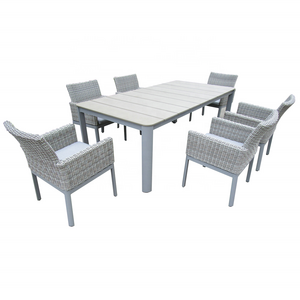 Top-rated 7-pieces Garden Wicker Outdoor Dining Sets Rectangular Rattan Tables and Chairs Patio Furniture Aluminum Frame Modern