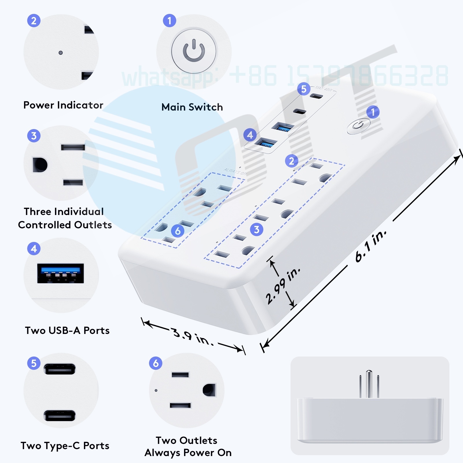 Extension Cord Smart Plug Surge Protector WiFi Power Strip with 3 Smart Outlets and 2 Always on outlets 4 USB Ports 1800W 15A