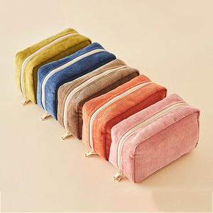 Eco Friendly Custom Logo Travel Portable Striped Corduroy Women Makeup Toiletry Cosmetic Bag Pouch