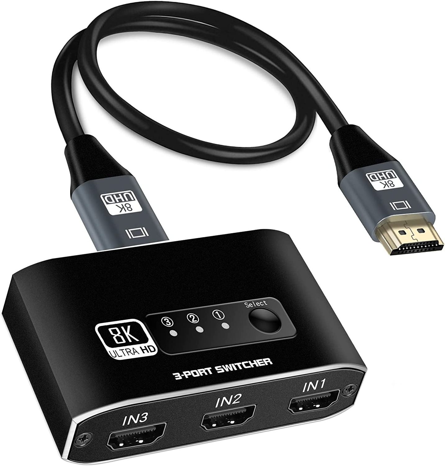 8K HDMI Switch 3 in 1 Out, 3 Port HDMI Switcher Selector Supports 8K@60Hz,  HDMI2.1 Switch with HDMI2.1 Cable