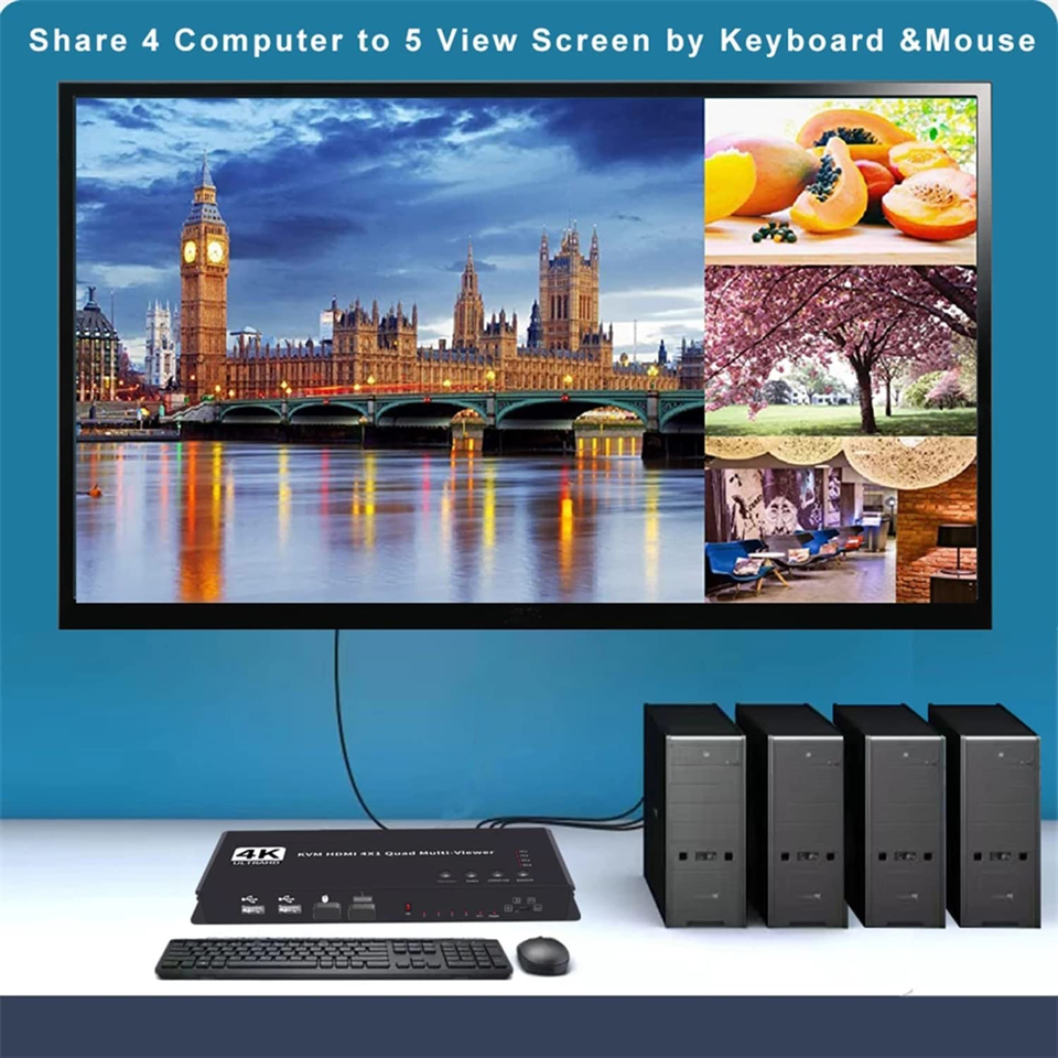 4K 4x1 HDMI KVM Switcher 4 In 1 Out Audio Video Converter USB Keyboard Mouse Control 4 Laptop PC , Computer KVM Switch HDMI