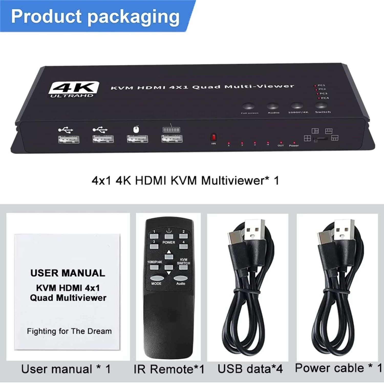 4K 4x1 HDMI KVM Switcher 4 In 1 Out Audio Video Converter USB Keyboard Mouse Control 4 Laptop PC , Computer KVM Switch HDMI