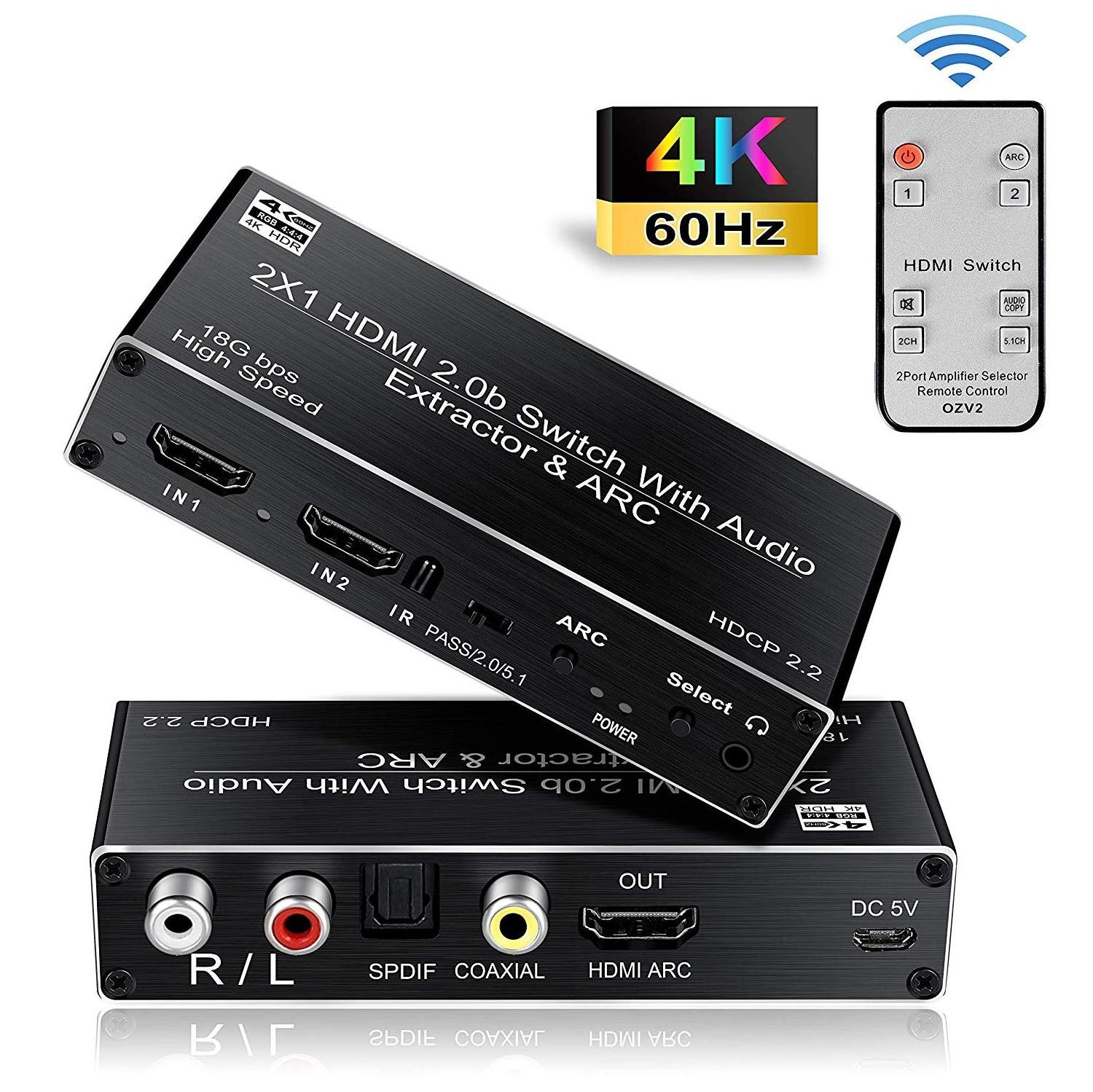 4K 120HZ HDMI Switch 2port 2 in 1 Out HDMI2.0b Switcher Box with ARC Remote Optical Toslink SPDIF+Coaxial+Analog RCA Audio