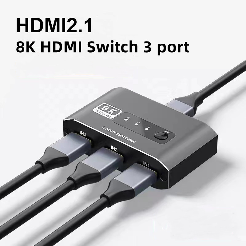 8K HDMI Switch 3 in 1 Out, 3 Port HDMI Switcher Selector Supports 8K@60Hz,  HDMI2.1 Switch with HDMI2.1 Cable