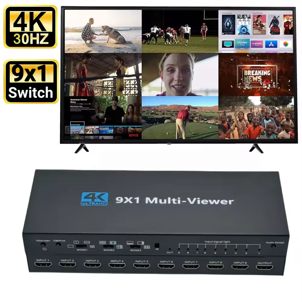 4K HDMI Multiviewer 9x1 Real Time Multi Viewer 9 in 1 Seamless HDMI Switcher with Remote