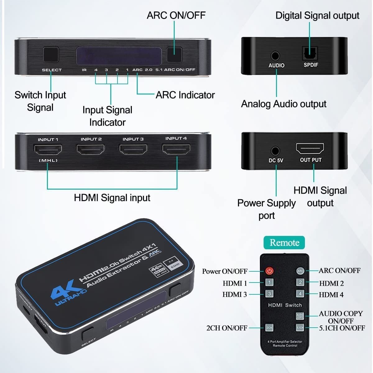 4-Port 4K@60Hz HDMI Switcher Box Selector HDMI Switch Audio Extractor with IR Wireless Remote video switch HDMI 4x1